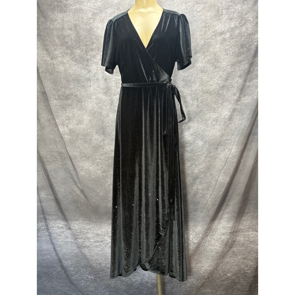 Baltic Born Black Velvet Maxi Wrap Dress Size M Silver Glitter Glam Whimsigoth